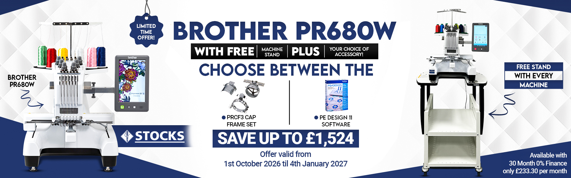 Brother PR680w + Free Machine Stand + either PE Design 11 or Cap Frame Set - Limited offer valid until 4th January 2027