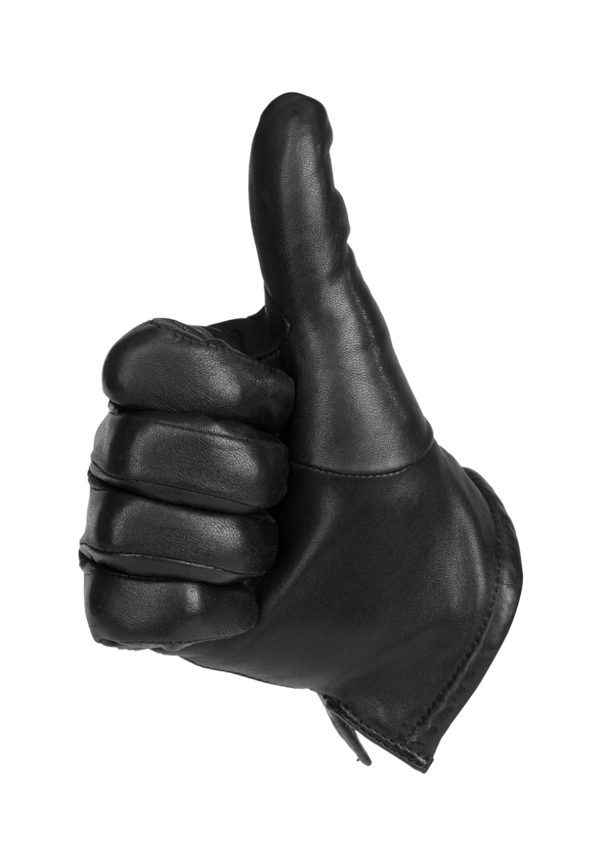 a black glove thumbs up wishing you luck for when you try to machine stitch leather together